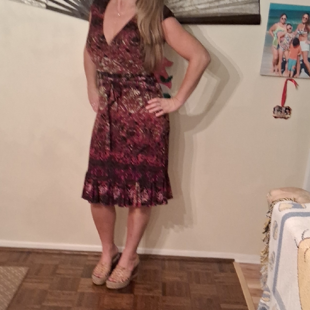 Vintage,Multicolor,Midi Dress with Removable Shoulder Pads & Pleated Hem🤎